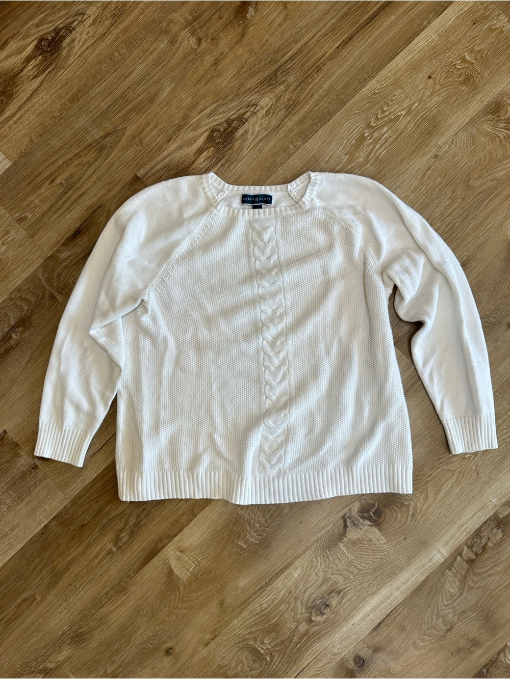 Karen Scott White Cable-Front Crewneck Sweater